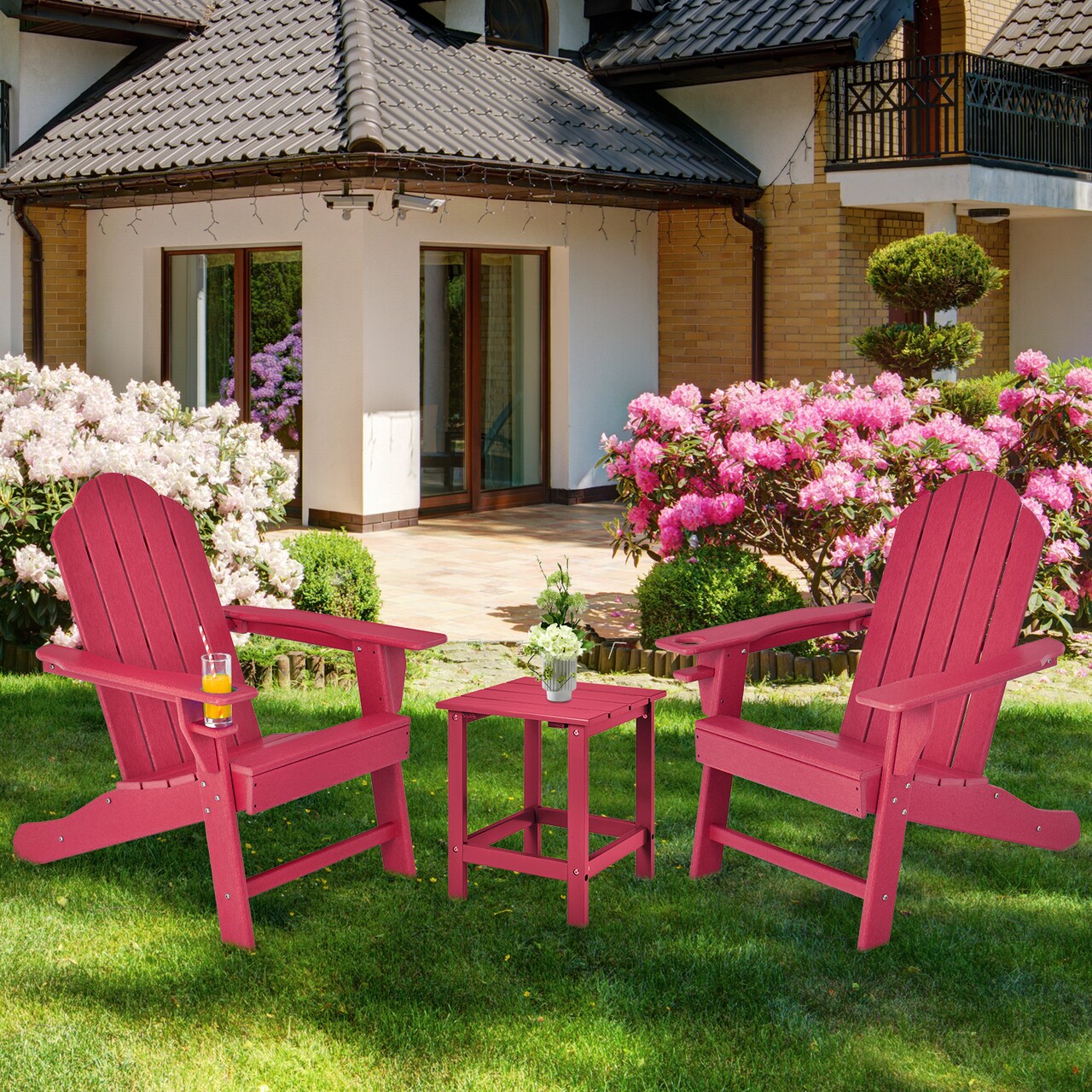 PE Weather Resistant Patio Adirondack Chair with Cup Holder and Wide Seat Perfect for Garden